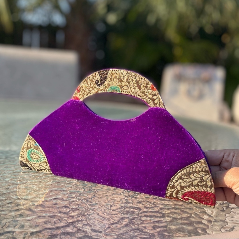Purple Velvet Clutch with Embellished Brooch - Picture 4 of 12